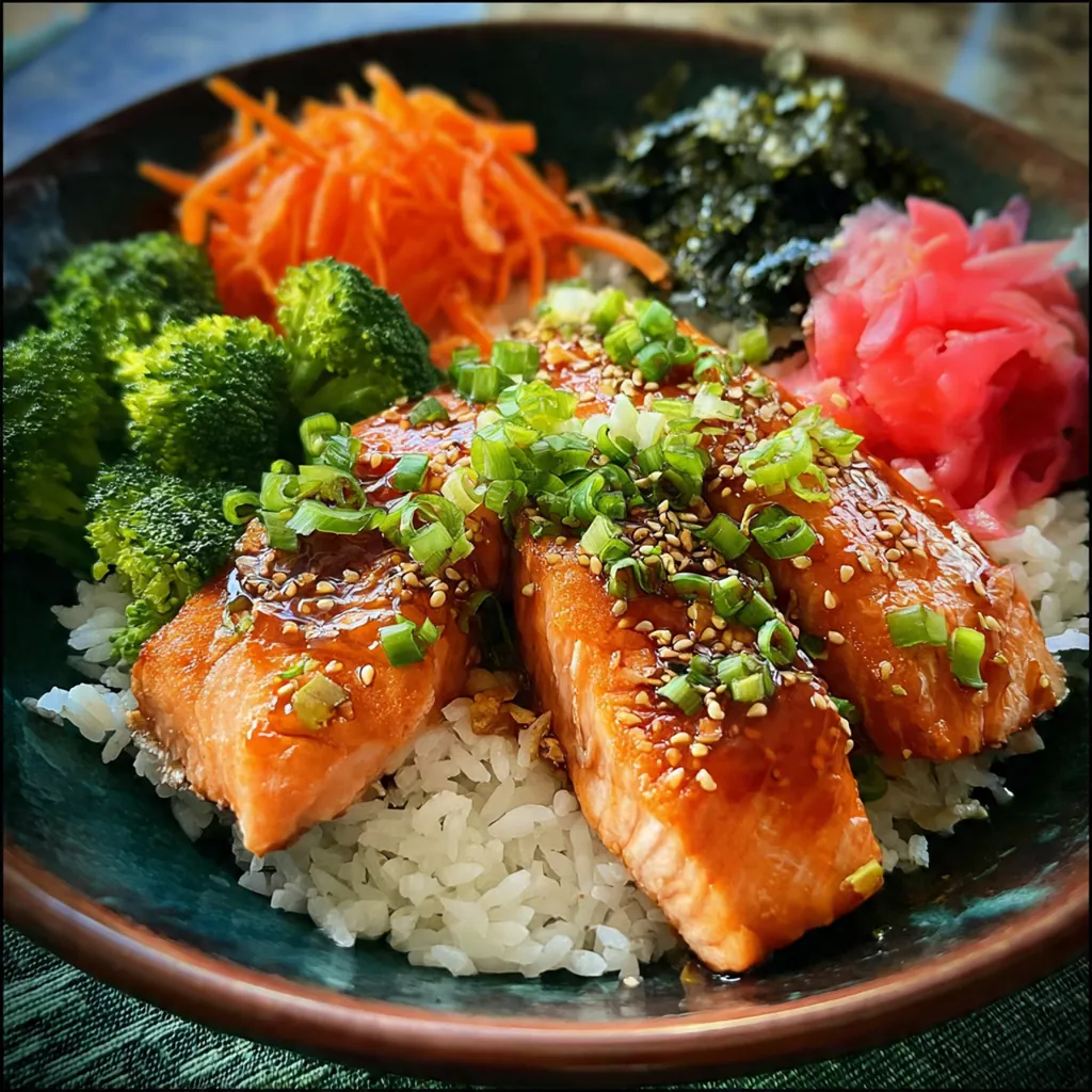 Close-up of glazed salmon with crisp broccoli and colorful vegetables in a beautiful bowl