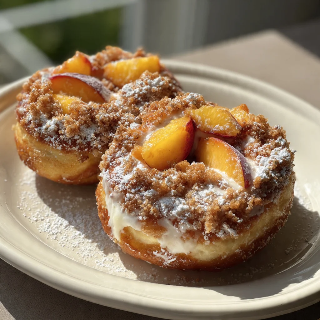 Close-up of a donut with creamy cheesecake filling peeking out beside juicy cinnamon peaches