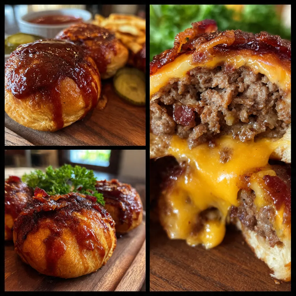 Overhead shot of ingredients for bacon bombs including ground beef, cheddar cubes, bacon, and BBQ sauce on a rustic table