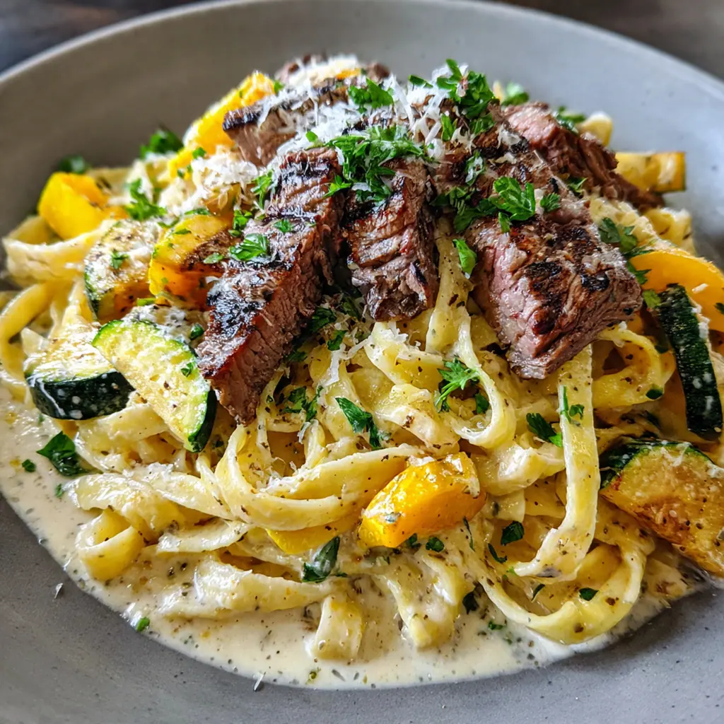 Sliced medium-rare steak strips resting on top of fettuccine with roasted butternut squash cubes