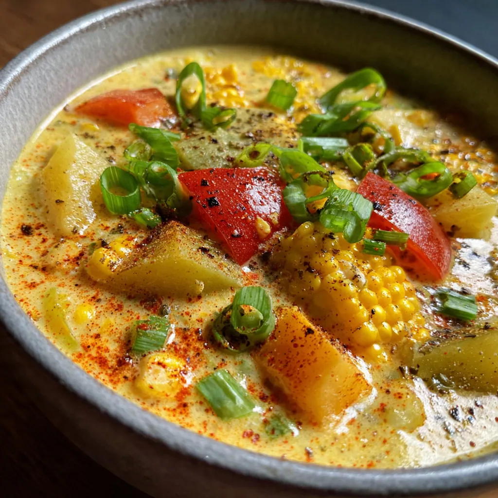 Close-up of the velvety chowder showing chunks of potato and sweet yellow corn kernels