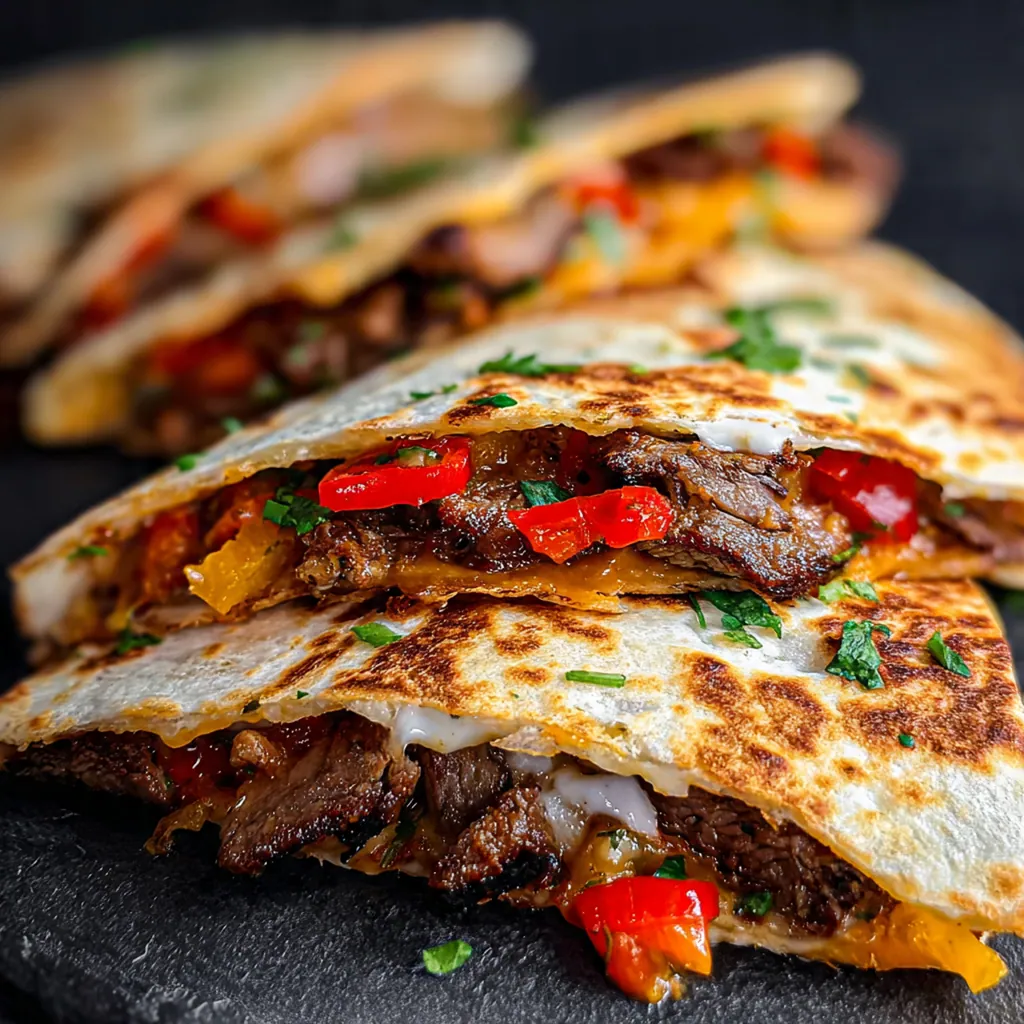 Close-up of a golden brown folded quesadilla being lifted by a spatula on a sizzling flat top griddle