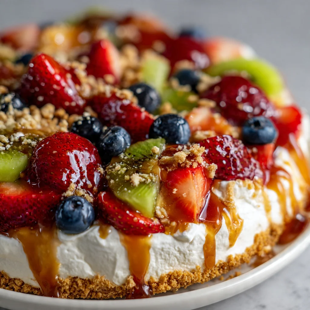 Close-up of a spoonful of fruit salad showing fluffy cheesecake coating and a drizzle of caramel