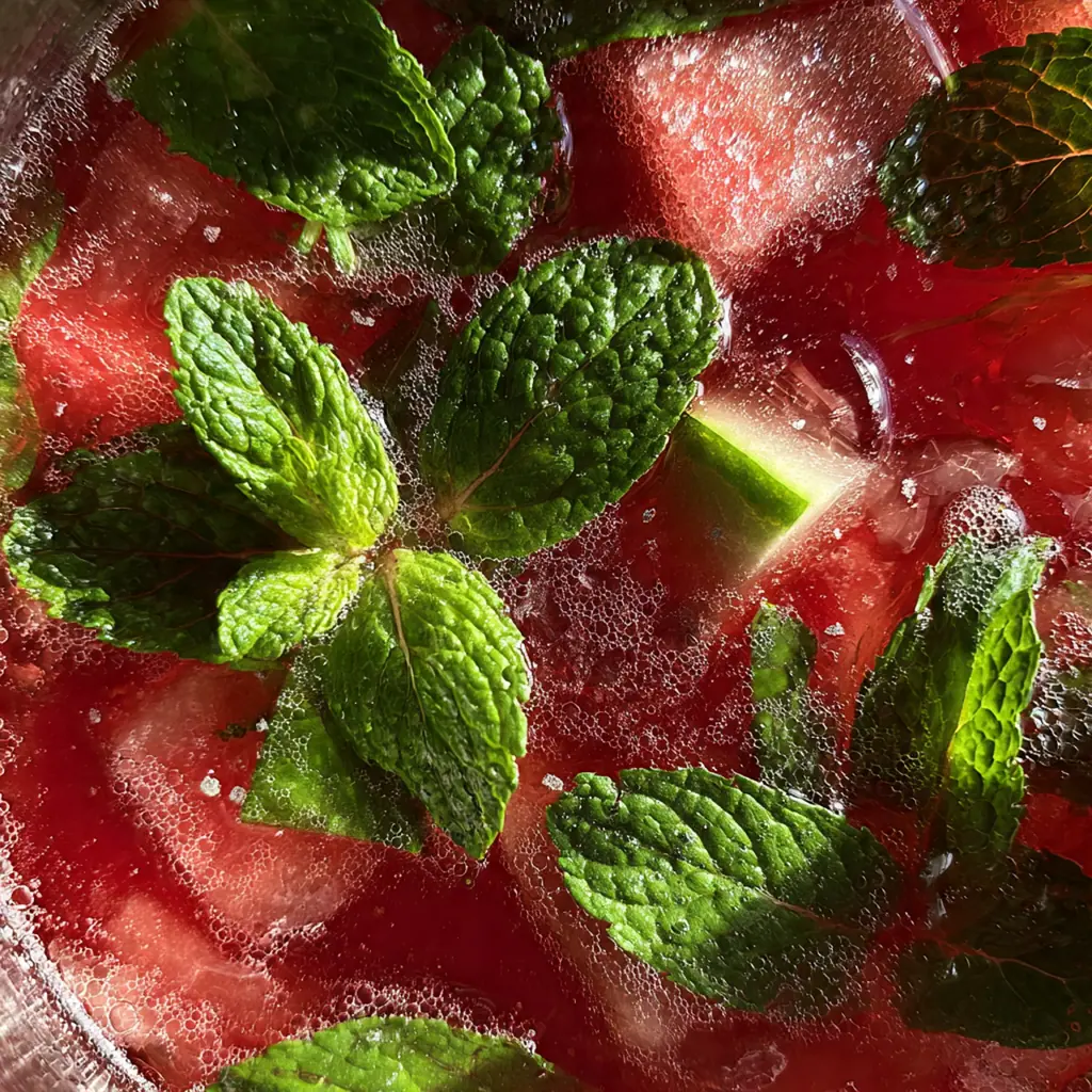 A refreshing pitcher of Watermelon-Mint Agua Fresca garnished with mint and watermelon cubes on a sunny table