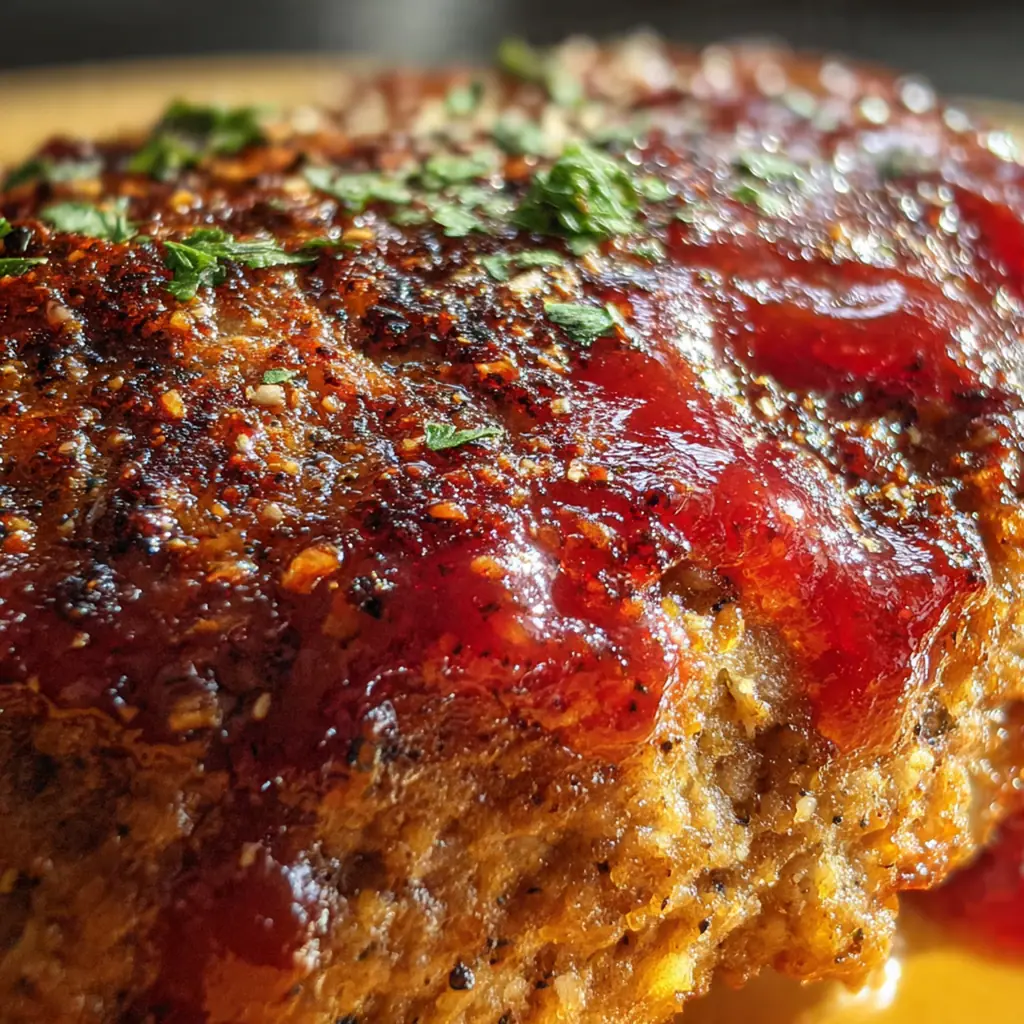 Close-up of a golden brown meatloaf generously coated with a shiny, sticky sweet and tangy sauce