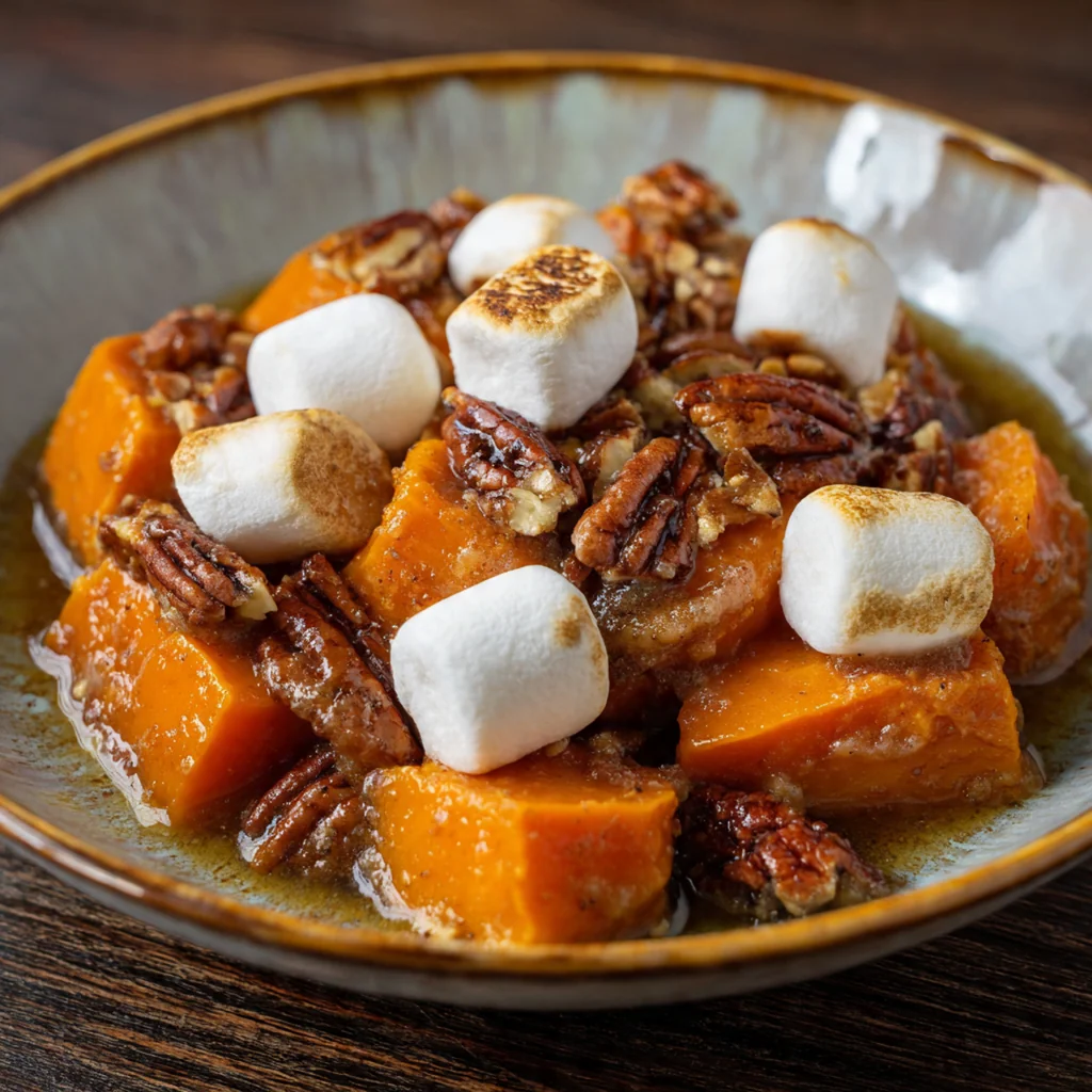 Holiday serving dish of candied yams topped with toasted pecans and orange zest