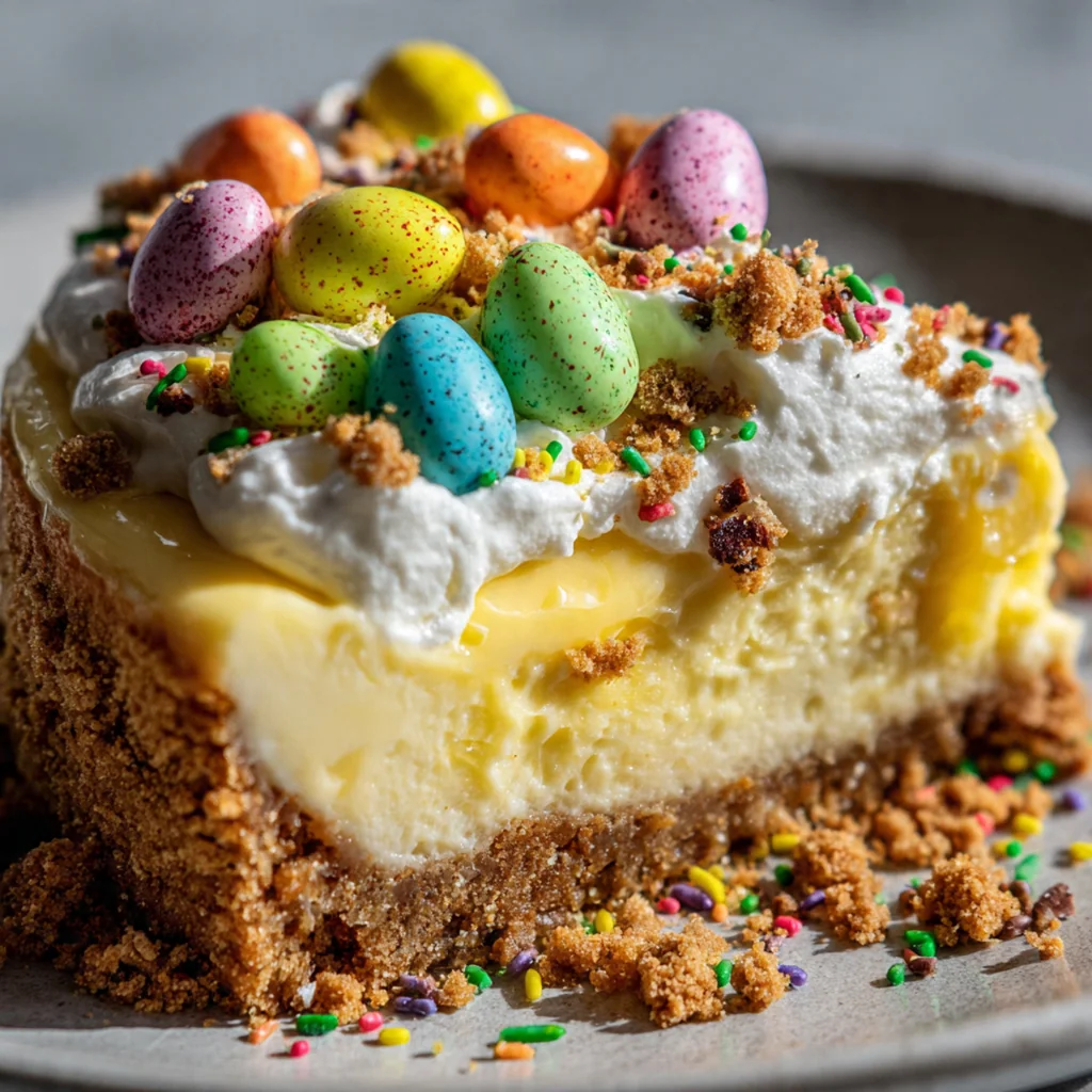 Close-up of creamy cheesecake filling inside a hollow chocolate egg shell with graham cracker base