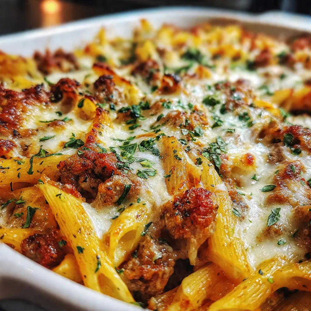 Plated serving of pasta bake with a green salad and garlic bread on the side