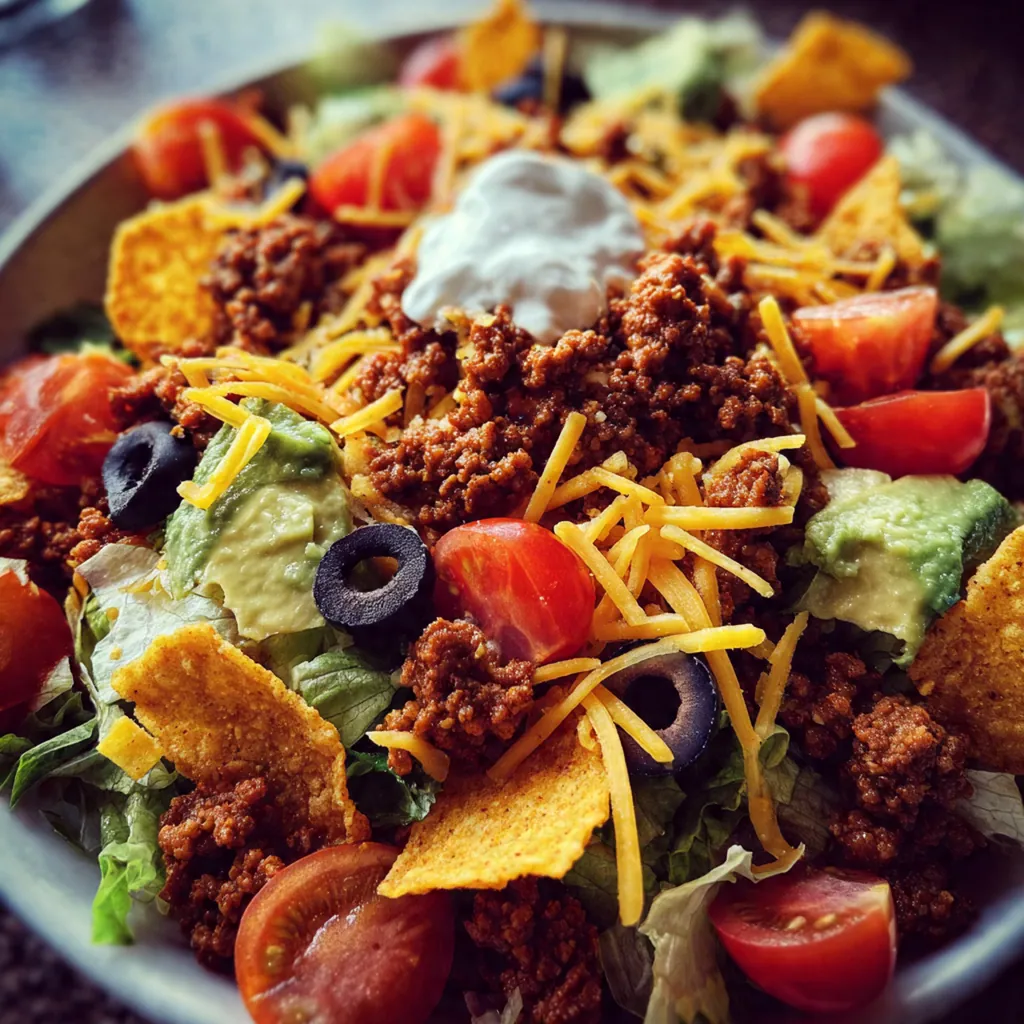 Close-up of crushed Nacho Cheese Doritos being sprinkled over a colorful salad