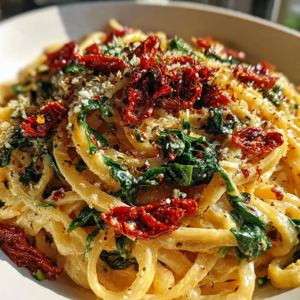 Overhead view of a skillet filled with creamy pasta and sun-dried tomatoes, steam rising