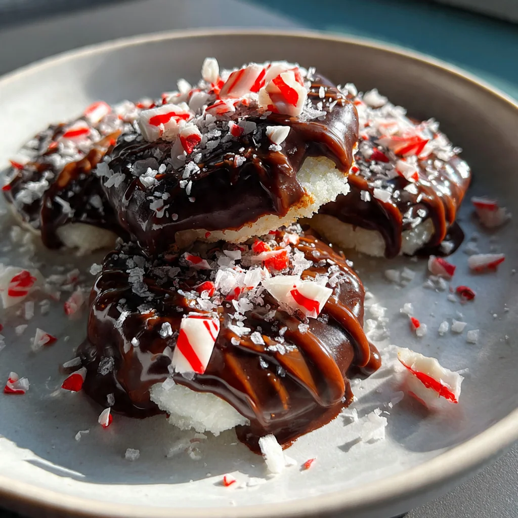 A hand dipping a creamy white mint patty into a bowl of rich melted dark chocolate