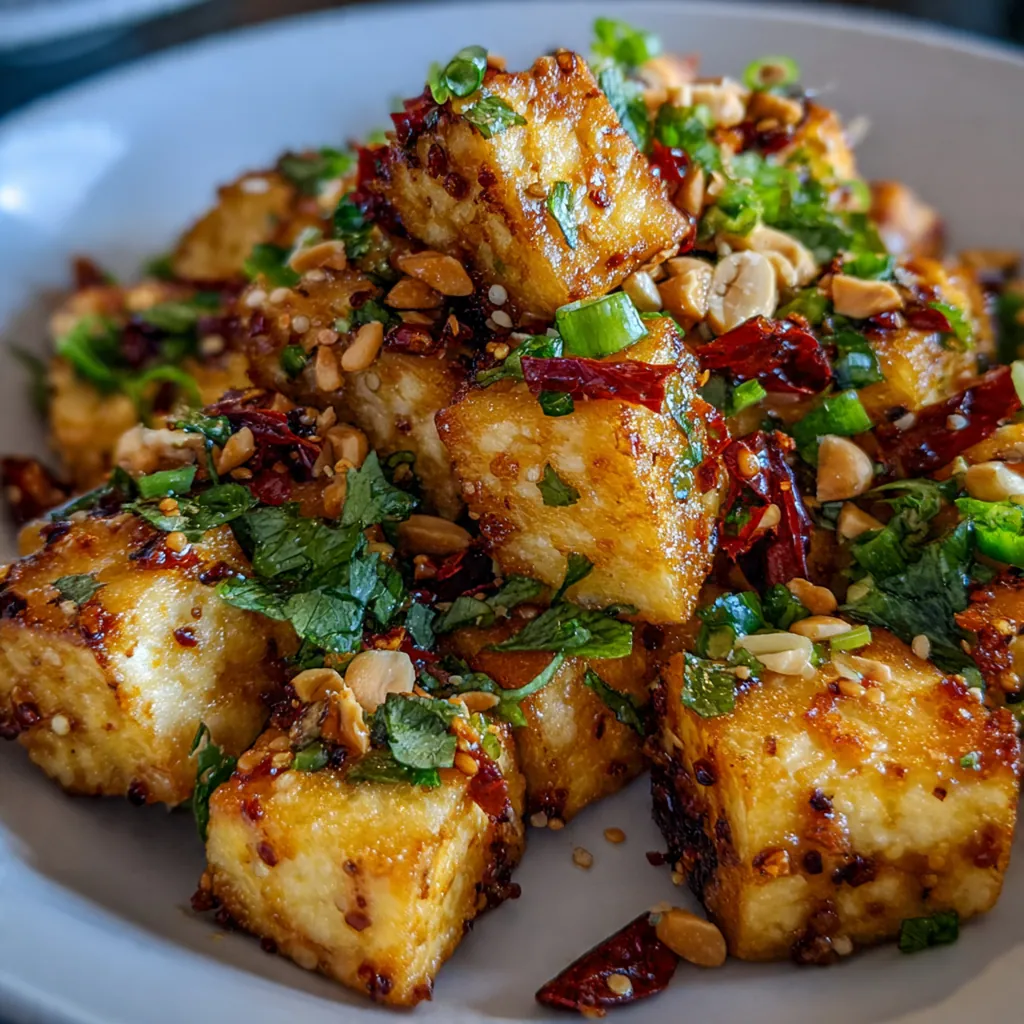 A skillet full of spicy chili crunch tofu ready to be served over steamed rice