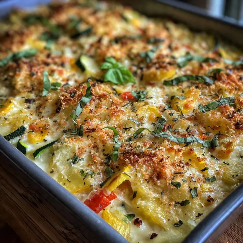 Close-up of a serving slice showing layers of zucchini, peppers, and bubbling cheese
