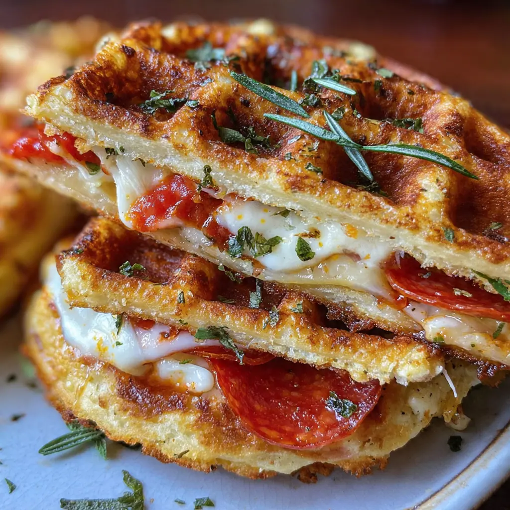 A plated pizza stuffed waffle sprinkled with Parmesan and basil next to a bowl of marinara sauce.