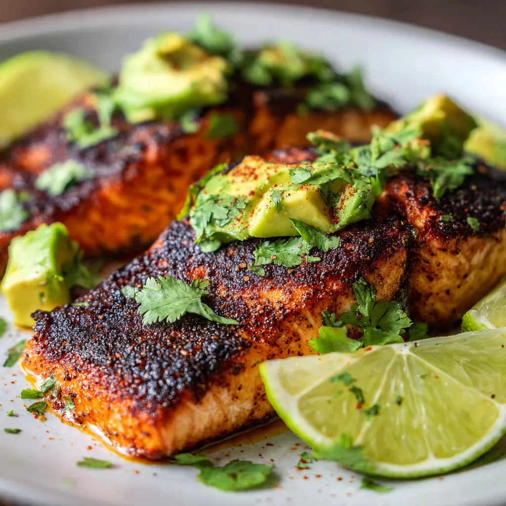 Overhead shot of a homemade spice blend in a bowl next to a bottle of avocado oil and fresh salmon