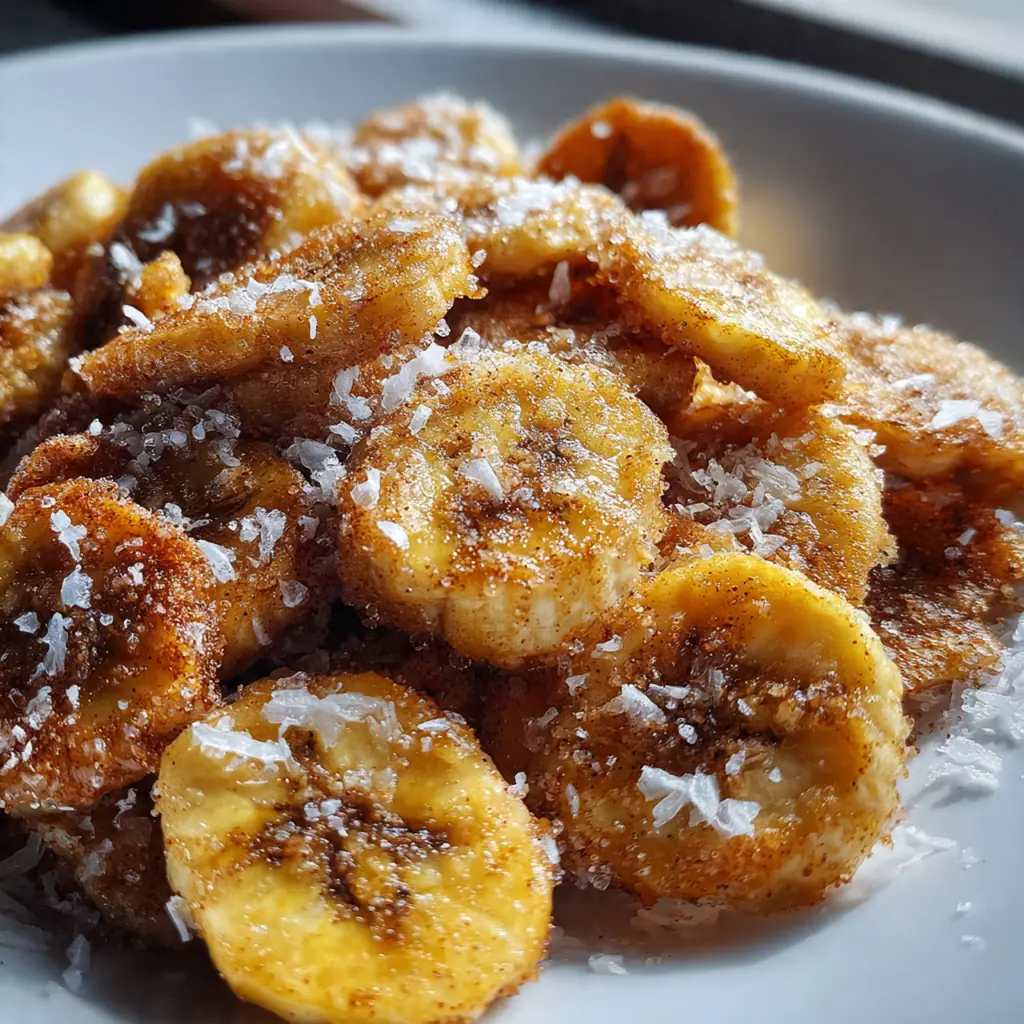 Crispy homemade banana chips stacked on a white plate with fresh banana slices