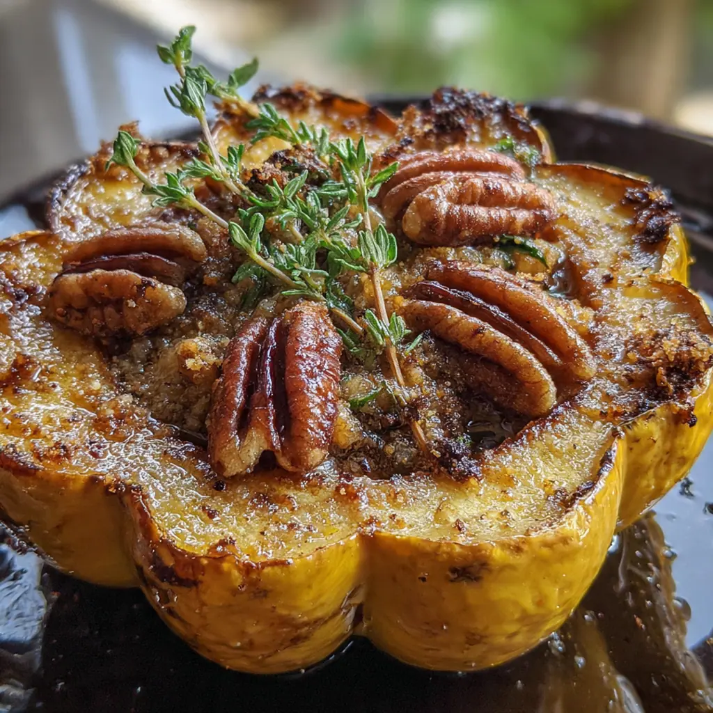 Close-up of a caramelized edge of roasted acorn squash with toasted pecans and spices