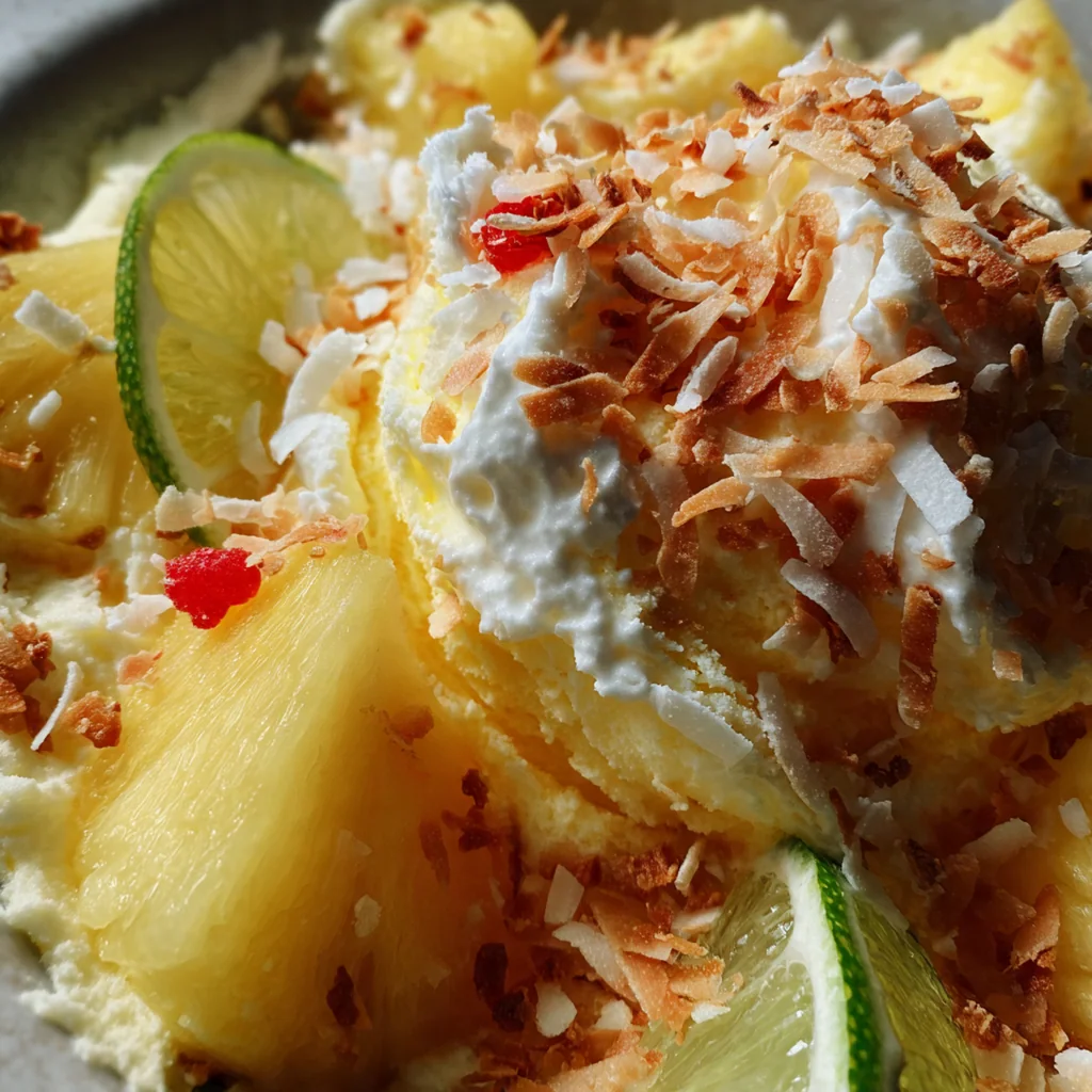 Tropical pineapple ice cream served in a bowl next to a whole pineapple on a sunny table