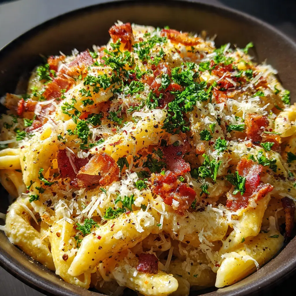 A comforting dinner plate of creamy bacon pasta served next to a green salad and crusty garlic bread