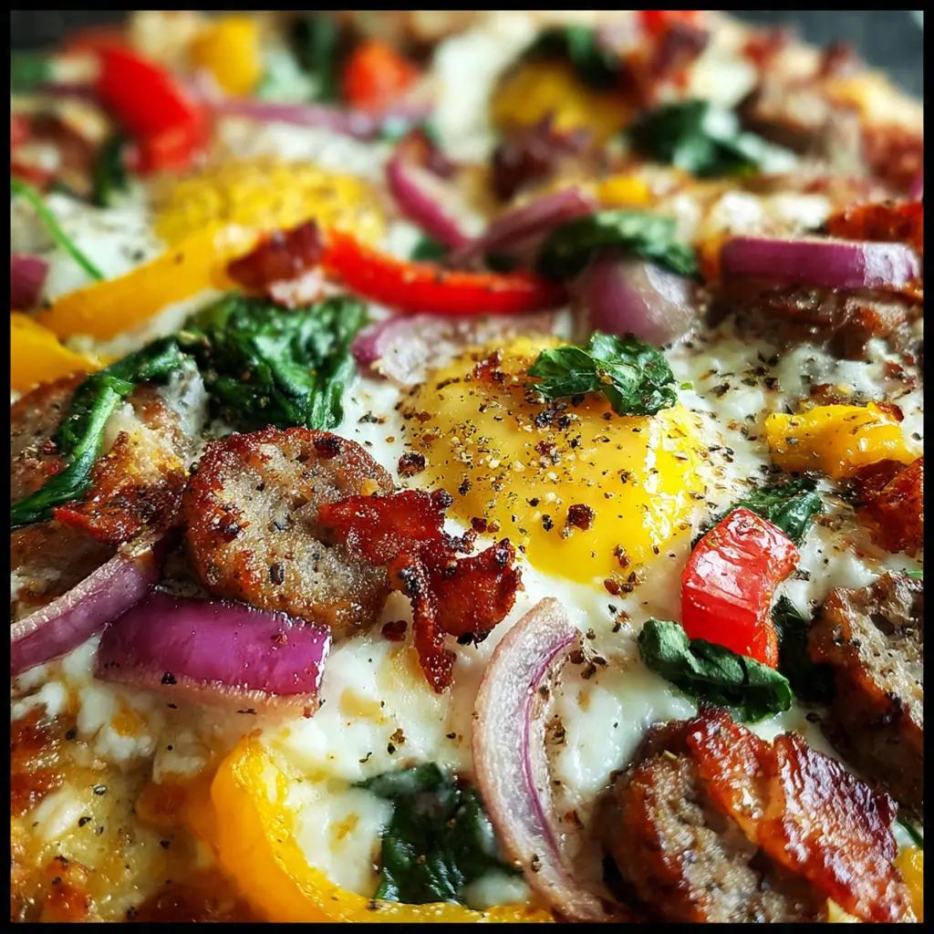 Close-up of a slice of breakfast pizza with a runny egg yolk, gooey cheese, and colorful peppers