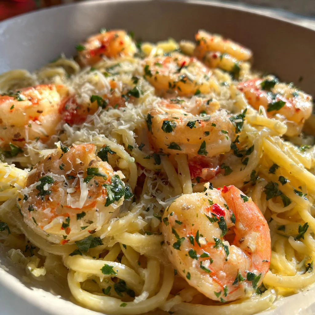 A skillet filled with shrimp and pasta in a luxurious garlic cream sauce