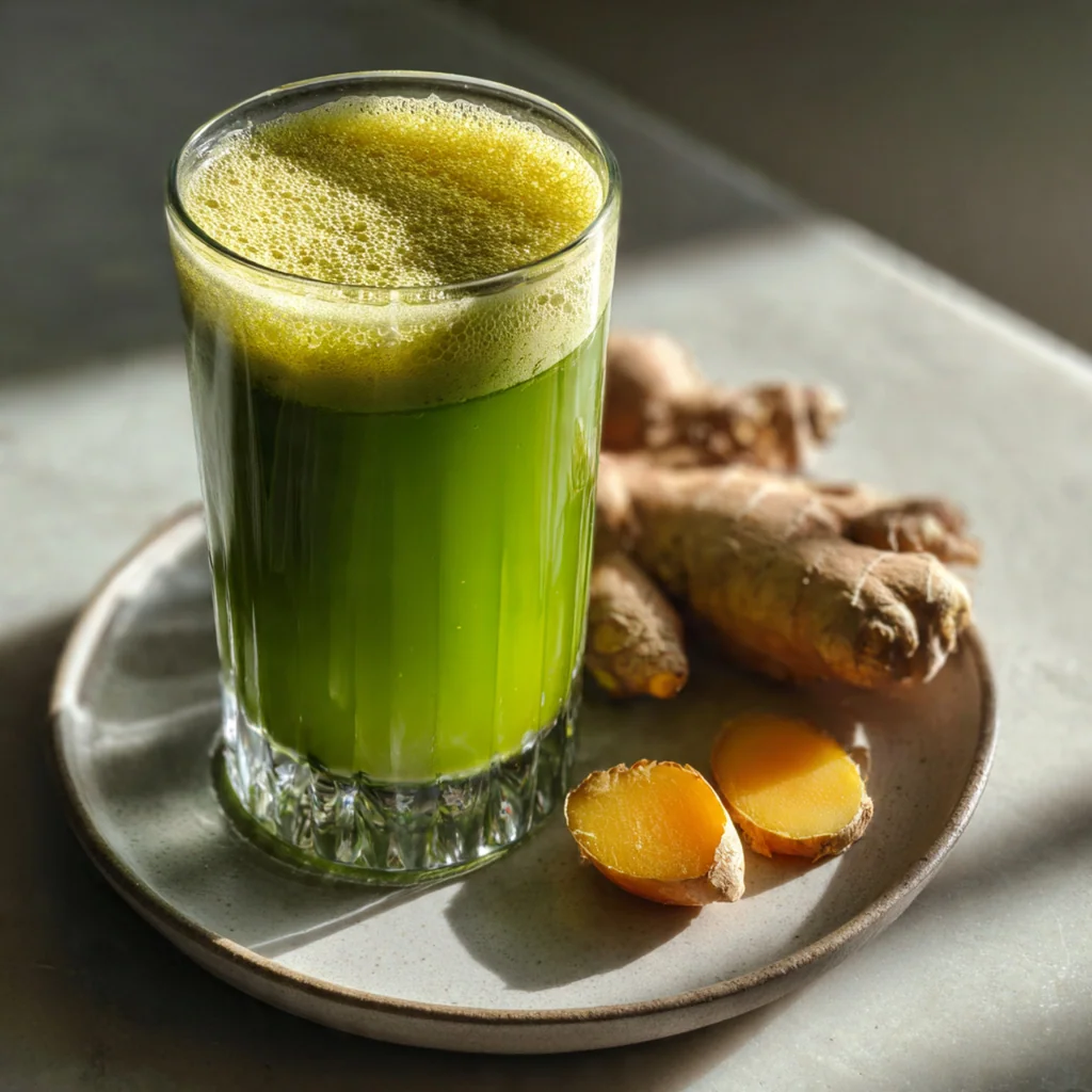 Close-up of matcha powder and turmeric swirling into fresh orange juice in a blender