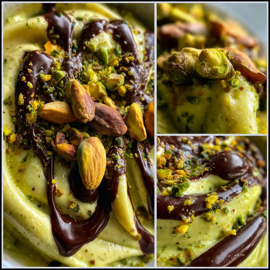 Fresh shelled pistachios next to a jar of homemade pistachio cream on a marble counter