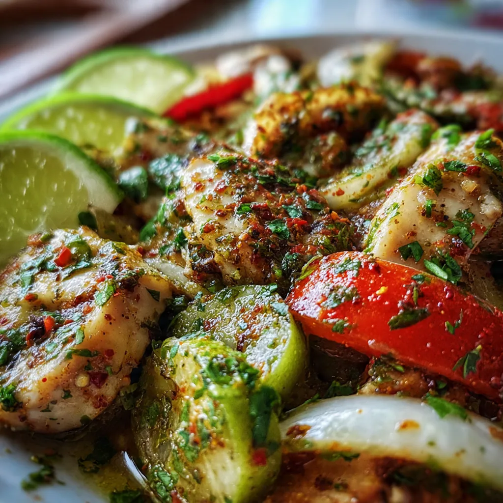 Close-up of raw chicken thighs coated in vibrant red-orange Mexican marinade in a glass dish