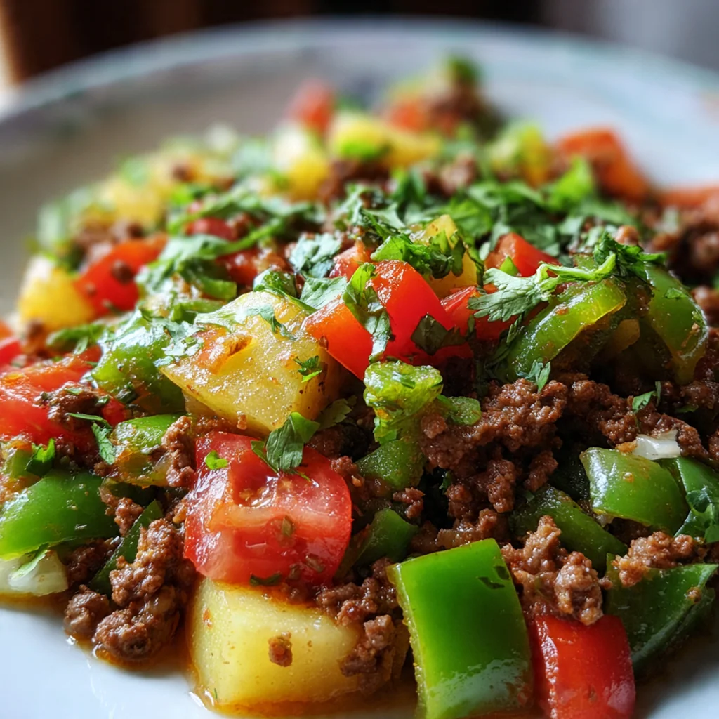 A complete dinner plate with picadillo served over fluffy white rice and lime wedges on the side