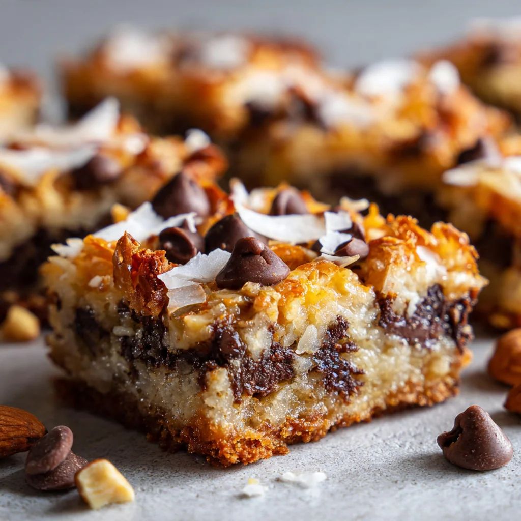 A 9x13 inch pan of freshly baked Magic Cookie Bars with pecans and chocolate chips on top.