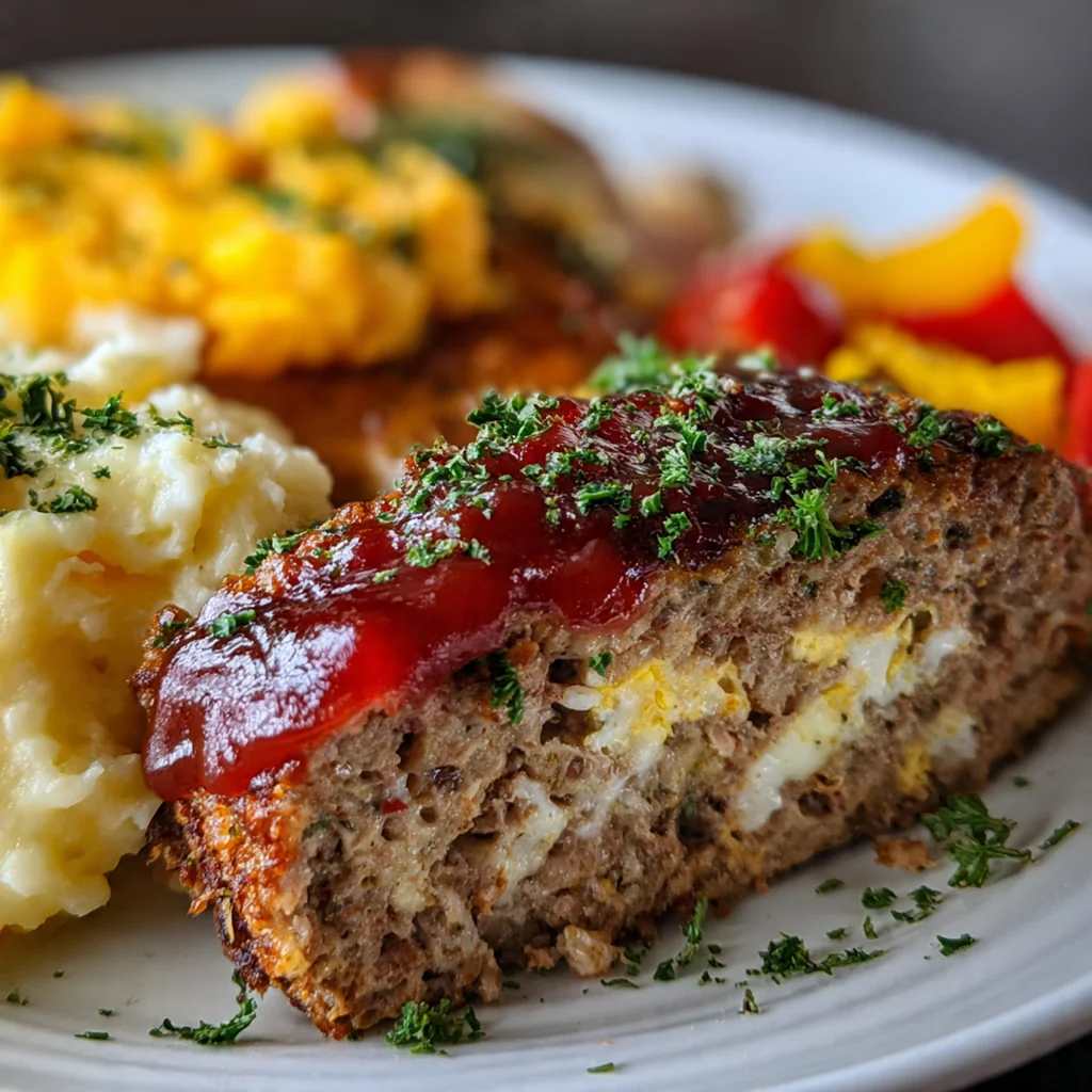 Close-up of a juicy slice of meatloaf topped with the sweet and tangy ketchup glaze