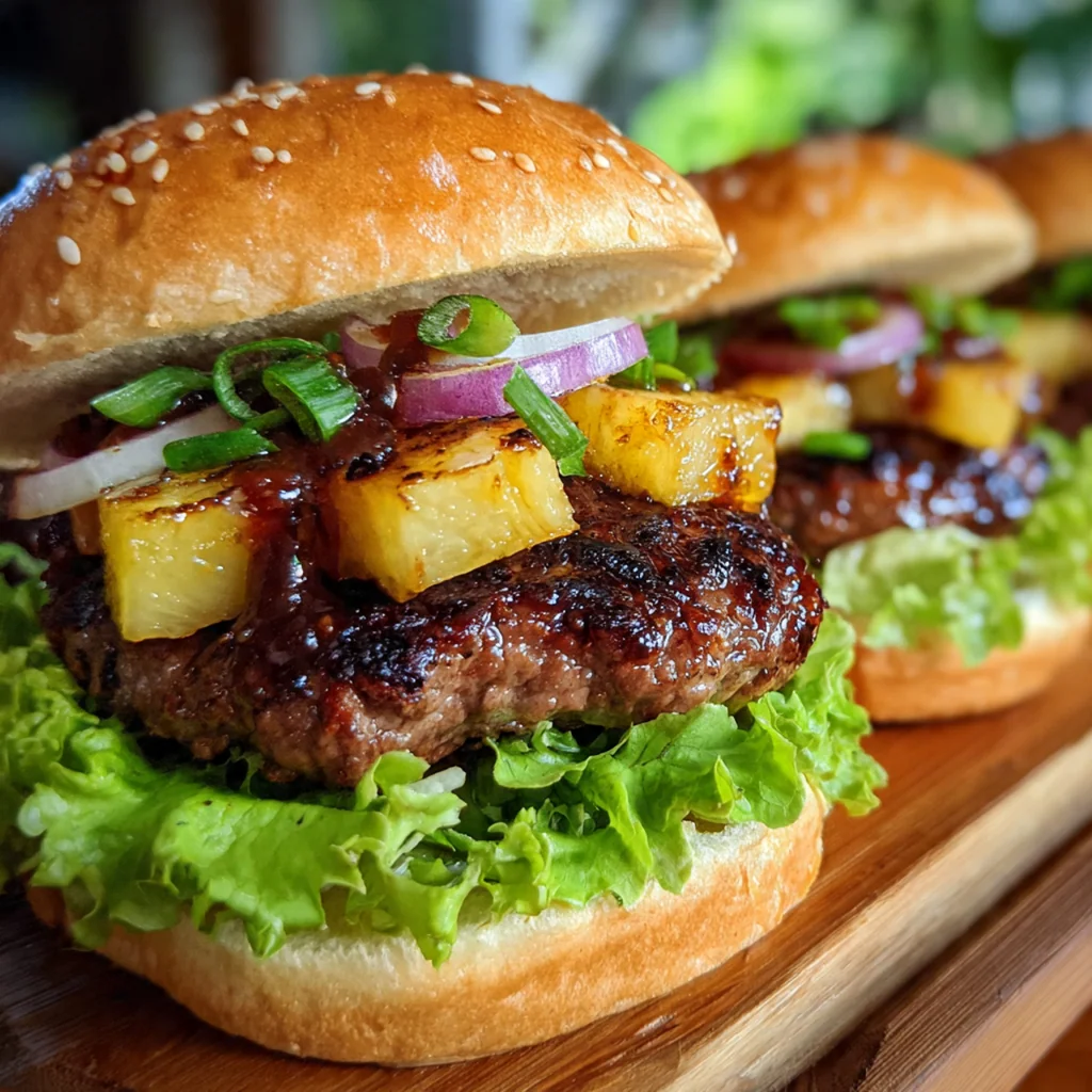 Overhead view of assembled burgers with grilled pineapple, red onion, and lettuce ready to be served at a backyard picnic