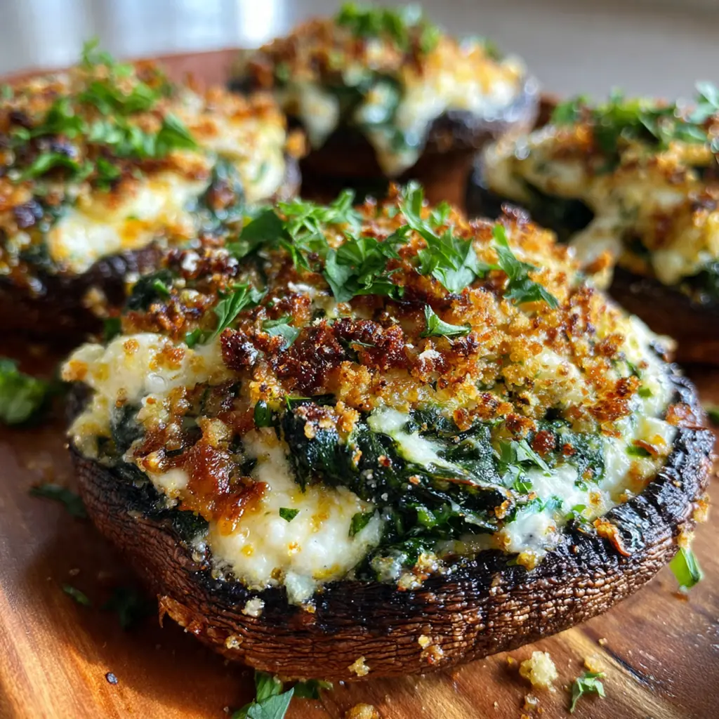 Close-up shot of a single stuffed mushroom cap cut in half revealing the creamy spinach and cheese filling