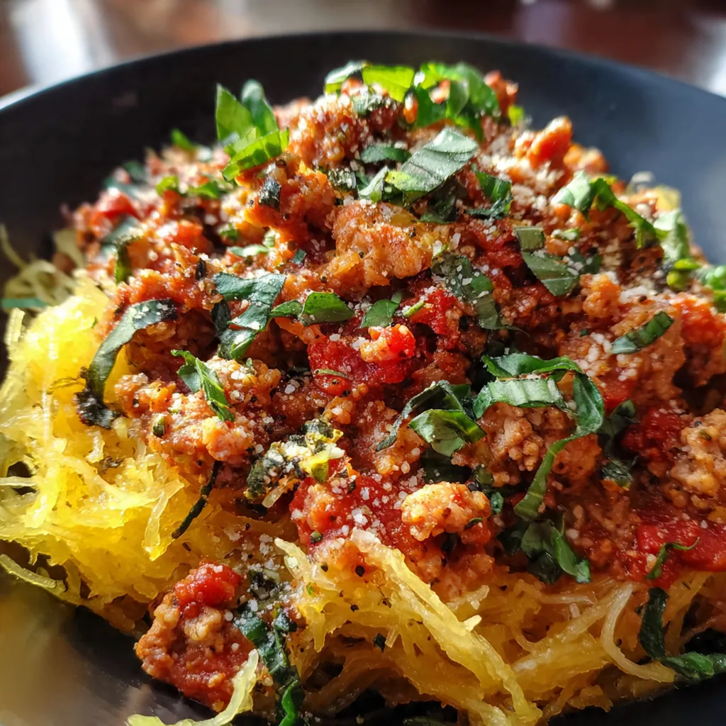 Overhead shot of a roasted spaghetti squash half with strands pulled apart by a fork, ready for topping
