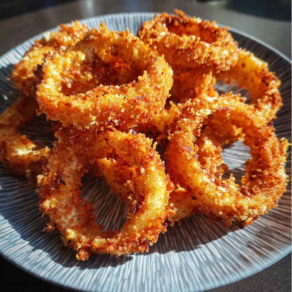 Overhead view of onion rings cooking in an air fryer basket alongside small bowls of ketchup and mayo