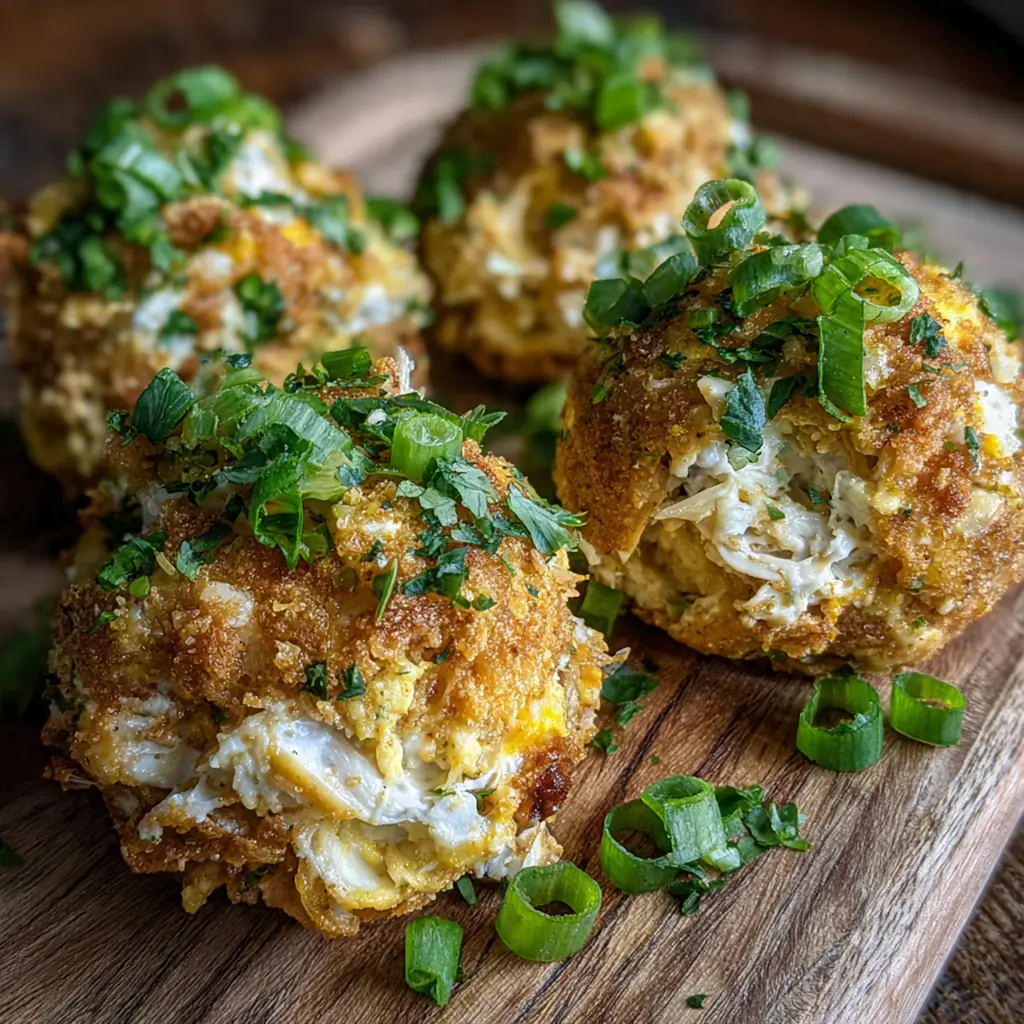 Close-up of a crispy crab bomb broken open to show the tender lump crab inside
