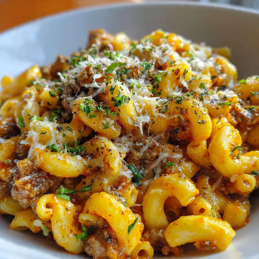 Overhead view of a colorful skillet filled with cheesy elbow pasta and ground beef, garnished with fresh parsley