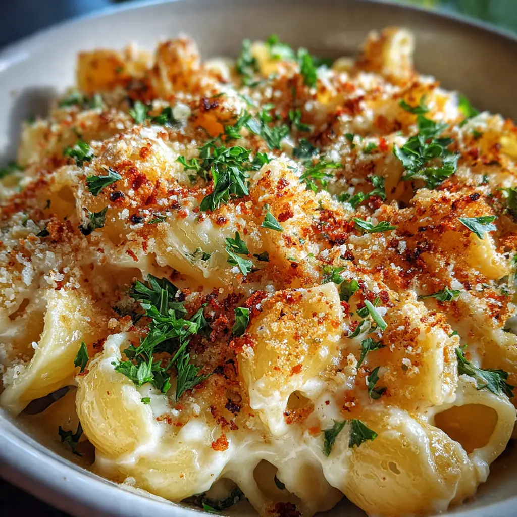Close-up shot showing the stretchy, gooey cheese pulling from a serving of creamy macaroni