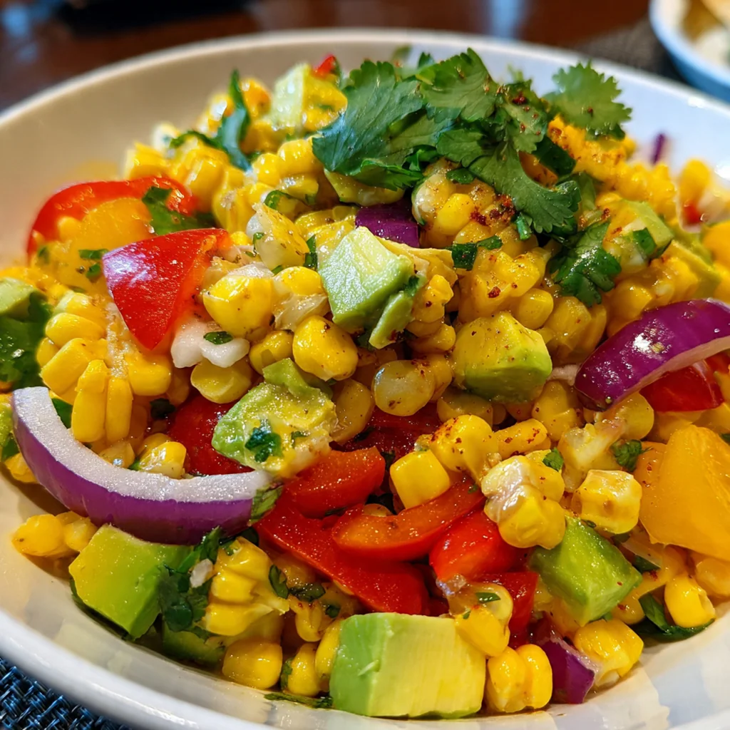 Fresh corn pepper salad served on a platter with avocado slices and crumbled cotija cheese on top