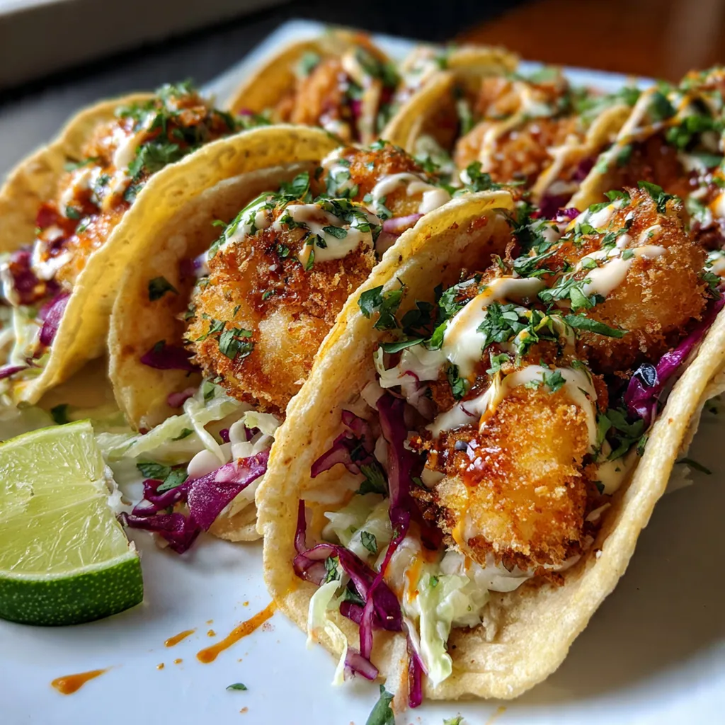Ingredients for Bang Bang Shrimp Tacos arranged including raw shrimp, cabbage, and bang bang sauce components