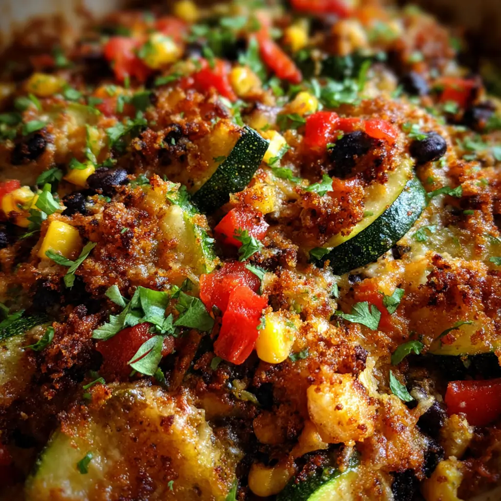 Close-up of a serving spoon lifting a portion filled with zucchini, corn, and black beans