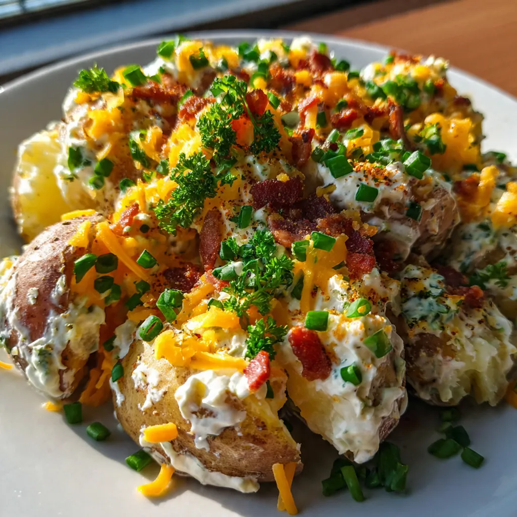 Close-up shot of creamy baked potato salad with green onions and a dusting of smoked paprika