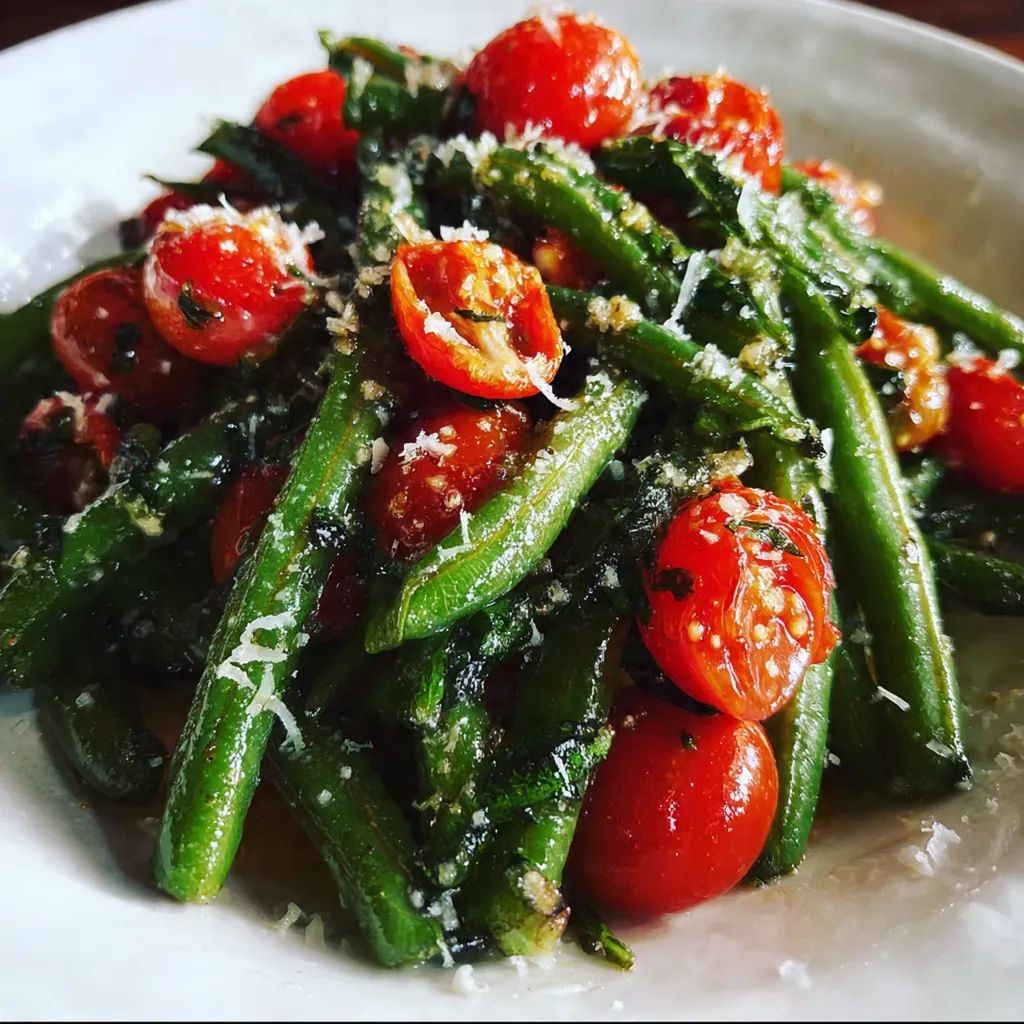 A serving platter of garlicky green beans with cherry tomatoes garnished with Parmesan and pine nuts