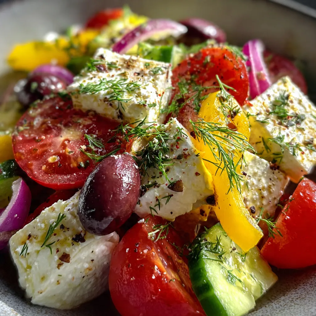 Fresh ingredients for Greek salad on a wooden board including cottage cheese, Kalamata olives, feta, and colorful vegetables