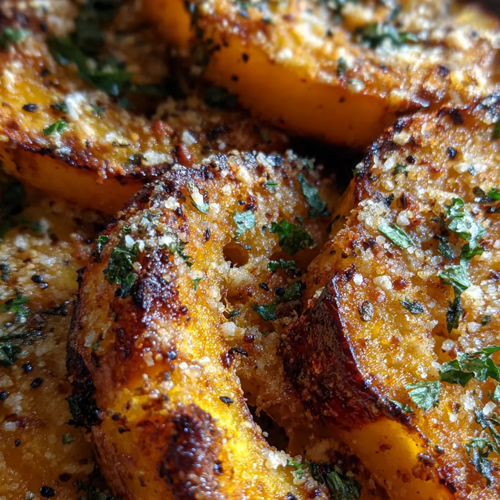 A rustic baking sheet full of golden roasted squash slices topped with bubbly Parmesan cheese