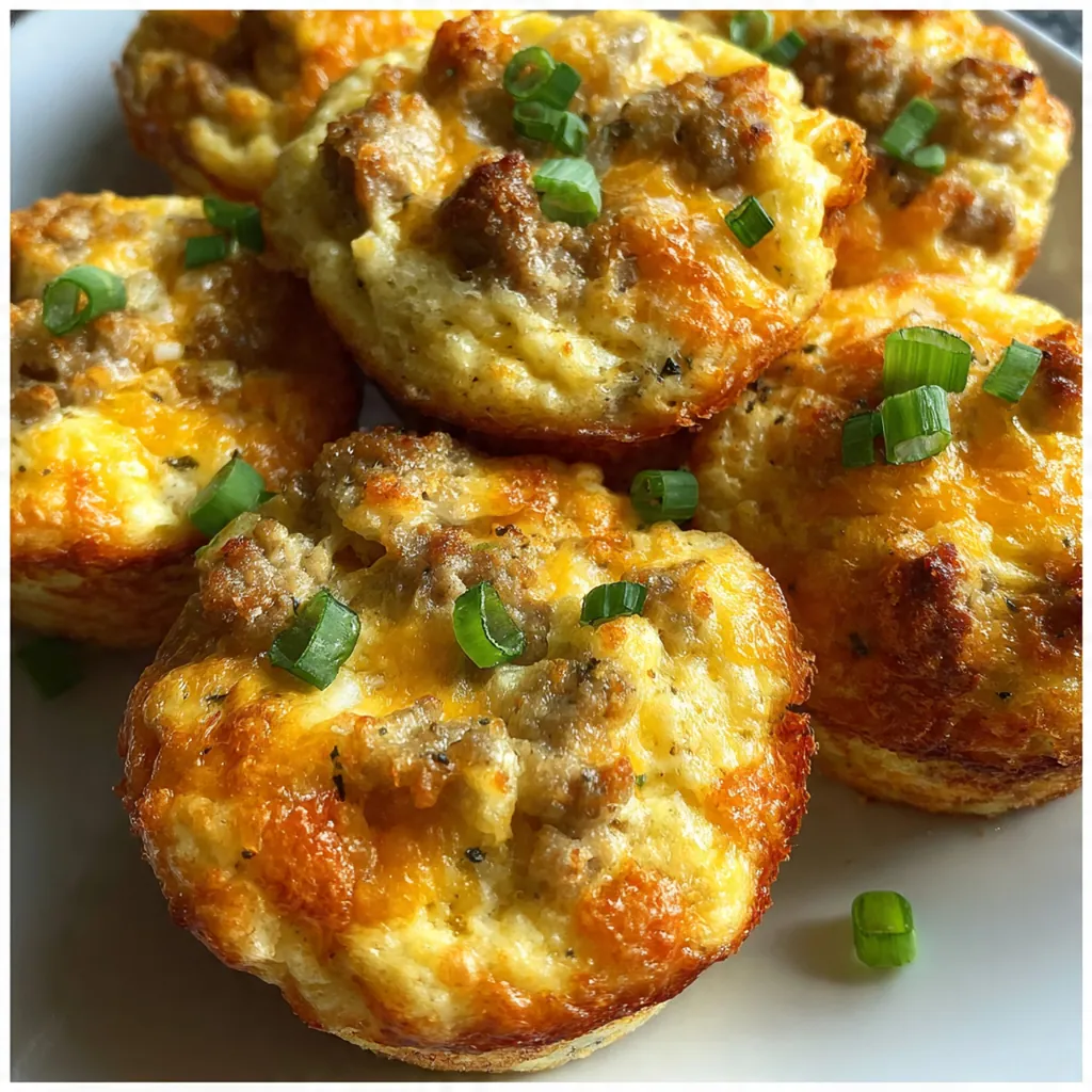 A batch of easy sausage breakfast muffins piled on a plate with fresh herbs and hot sauce