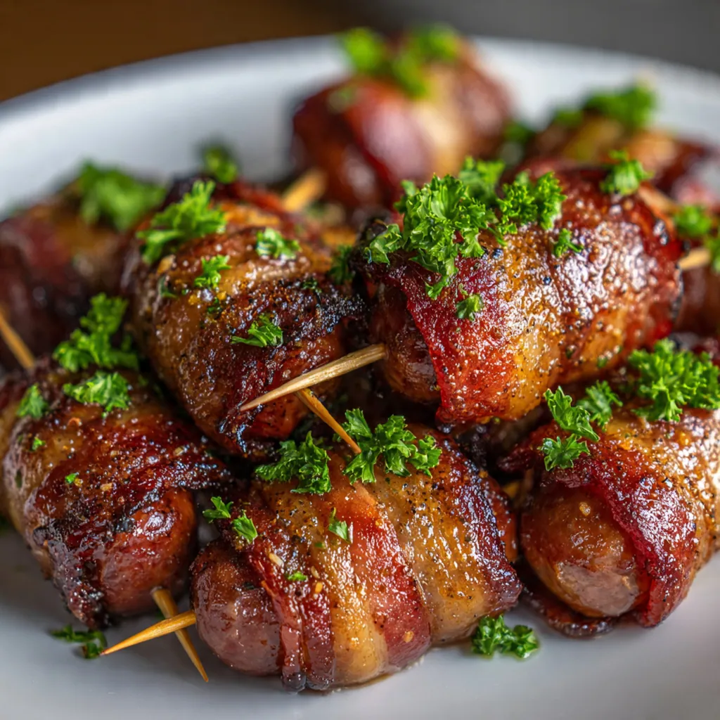 Close-up of a single bacon wrapped smokie with caramelized glaze and a sprinkle of parsley