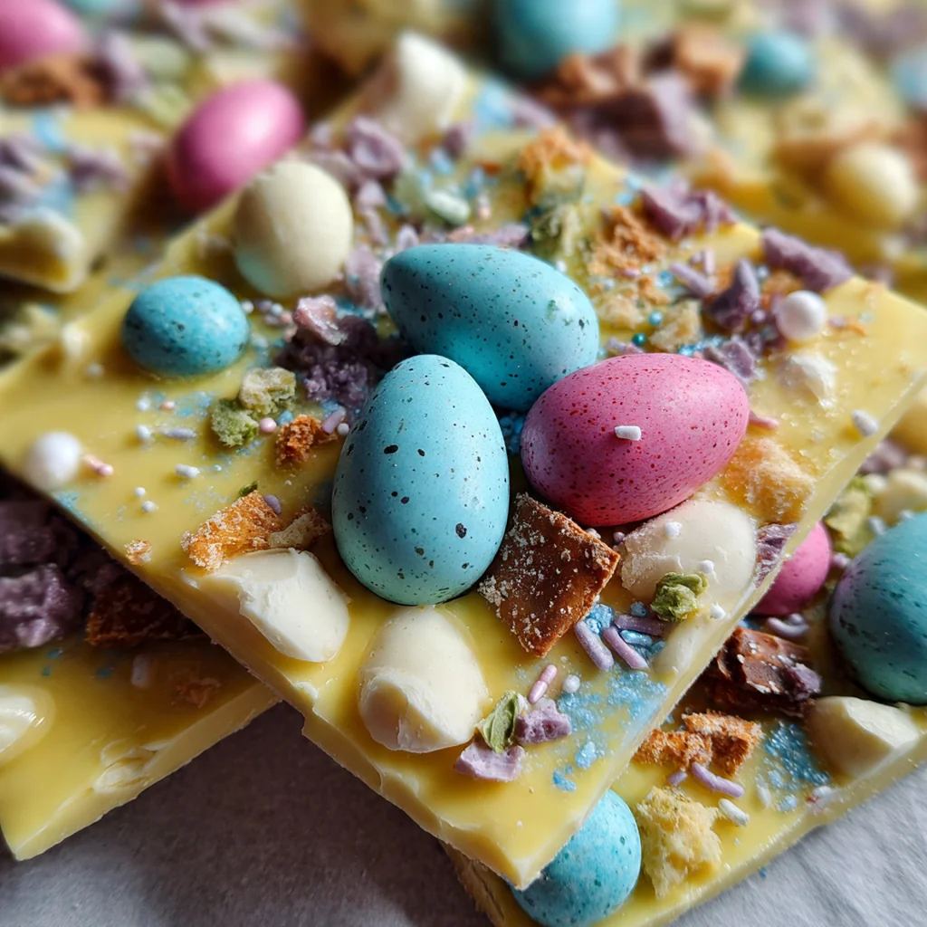 Close-up of Easter bark showing malted milk eggs nestled into creamy white chocolate with visible sea salt crystals