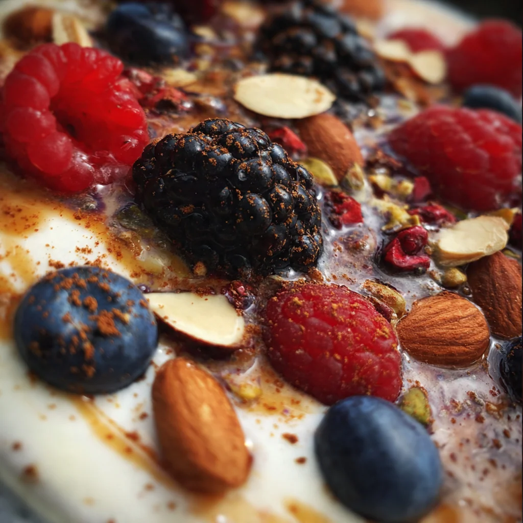 Mixed berry and protein powder ingredients arranged around a bowl of pudding