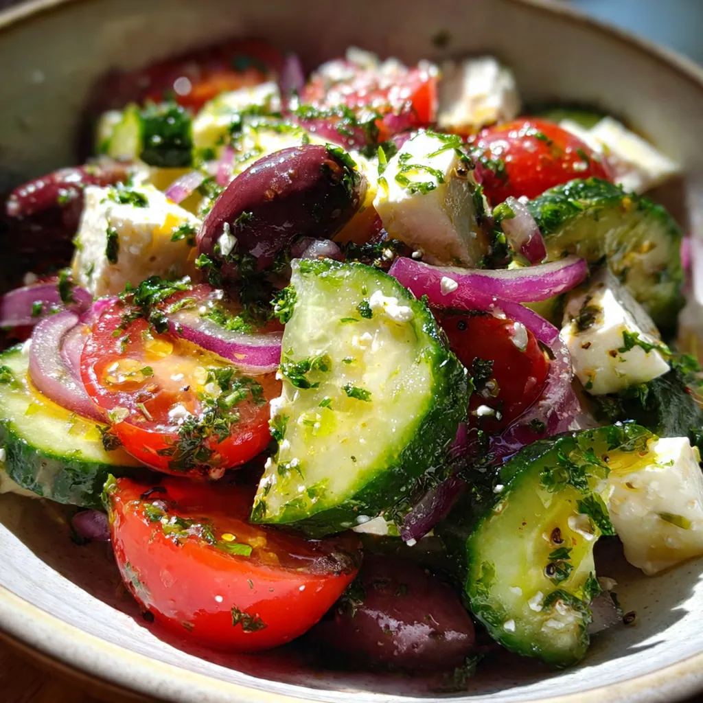 Close-up of crisp cucumber half-moons and cherry tomatoes tossed in a glossy herb dressing